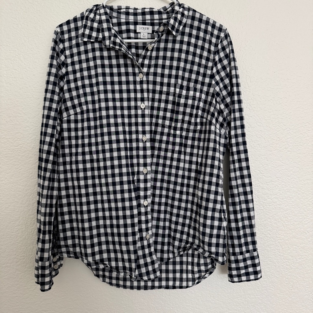 J. Crew navy/white gingham button down collared shirt